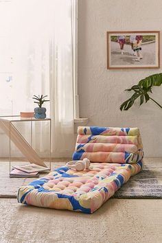 a living room with a couch, rug and potted plant