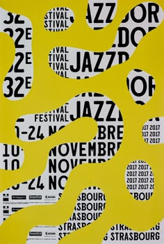 a yellow poster with black and white numbers on it's sides, including the words jazz