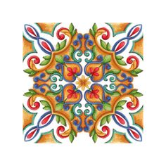 an artistic tile design in orange, blue and green colors with swirls on it