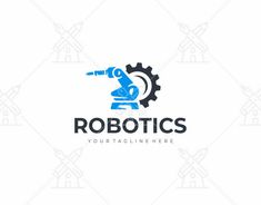 robotics logo design with the image of a robot holding a wrench and gear wheel