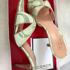 New In Box, Mint Green Coach Shoes Coach Almond Toe Heels For Spring, Spring Coach Almond Toe Heels, Coach Slip-on Heels For Spring, Chic Coach Slip-on Heels, Summer Designer Coach Heels, Designer Summer Heels By Coach, Pink Strappy Heels, Black Pointed Heels, Strap Sandals Heels