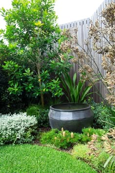 a large pot sitting in the middle of a lush green yard next to a fence