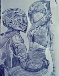 a drawing of a woman sitting next to a motorcycle helmet on top of a motorbike