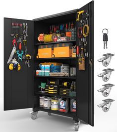 an open storage cabinet with tools and other items