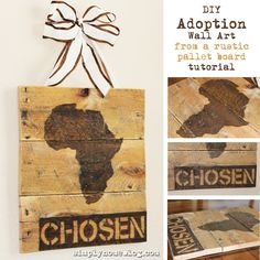 an image of a wooden box with the word chosen written on it and pictures of africa