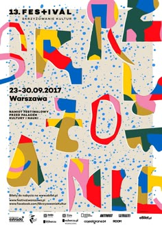 the poster for an art festival with colorful letters and numbers in different colors on it