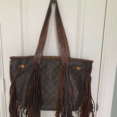 I Bought Off Etsy A Few Years Agoi Love Itbut, It’s Huge, It’s The Never Fullgreat For A Weekend Or Travel Bagstunning In Personeveryone Stops Me To Look At It!!! Paid $2500 Originally Fringed Louis Vuitton Bags, Up Cycle, Boho Leather, Leather Projects, Vintage Louis Vuitton, Leather Fringe, Louis Vuitton Bags, Travel Bag, Louis Vuitton Bag