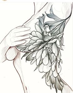 a drawing of a woman's hand holding a bunch of flowers