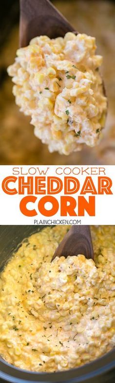 slow cooker cheddar corn recipe in the crock pot with wooden spoon