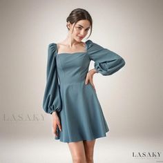 Lasaky - Blue Bubble Sleeve High-waisted Short Dress with Square Neckline Spring Mini Dresses, Dress With Square Neckline, High Waist Dress, Mini Dresses For Women, Party Dresses For Women, Types Of Skirts, Mini Dress Party, Fall Dresses, Square Neckline