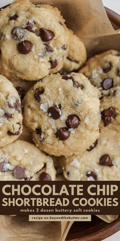 chocolate chip shortbread cookies in a wooden bowl