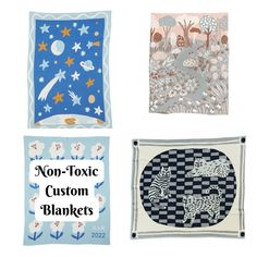 four different quilts are shown with the words non - tonic custom blankets on them