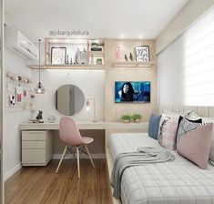 a bedroom with a bed, desk and mirror