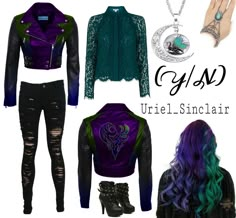 a collage of different outfits and accessories including a jacket, pants, shoes, necklaces and bracelets