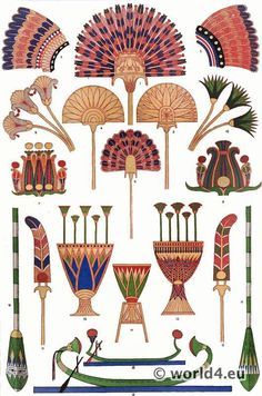 an egyptian painting with many different items in the style of ancient egypt, including vases and