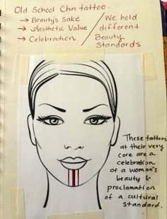 a drawing of a woman's face with words written on it and an image of the