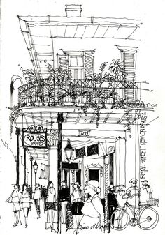 an ink drawing of people walking past a building with plants on the roof and windows