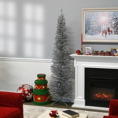 a living room decorated for christmas with presents