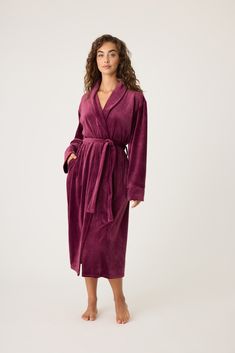 Women's 3/4 length wine robe in velvety velour. Self belt & comfy patch pockets. Bamboo Pajamas, Kickee Pants, Sleepwear & Loungewear, A Hug, Mens Plus Size, Pj Sets, Hosiery, Fabric Care, Night Gown