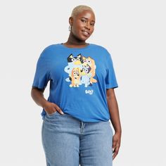 The Women's Bluey Short Sleeve Graphic T-Shirt - Blue makes a great addition to your casual wardrobe. It features fun graphics from the tv show - Bluey, that’s sure to put a smile on your face. Perfect for casual outings or everyday wear, this Women's Bluey Short Sleeve Graphic T-Shirt - Blue is a great pick. Playful Blue Top With Funny Print, Funny Blue Crew Neck Top, Blue T-shirt With Character Print In Relaxed Fit, Blue Tops With Funny Print And Relaxed Fit, Blue Tops With Funny Print Relaxed Fit, Funny Blue T-shirt With Character Print, Blue Relaxed Fit Top With Funny Print, Blue Fun Top With Funny Print, Blue Tops With Funny Print