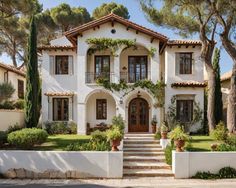 a large white house with lots of windows and plants on the front porch, along with steps leading up to it