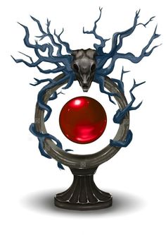 a red ball surrounded by blue branches with a black skull in the center on top