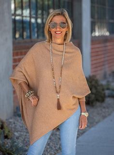 Camel Pull On Poncho With Sleeves - Just Style LA Poncho Outfits For Women, Cute Winter Fits, Poncho With Sleeves, Poncho Outfit, Cape Sweater, Beautiful Fabrics, Knitted Cape, Ladies Poncho, Poncho Pattern