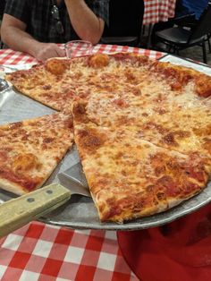 a large pizza sitting on top of a metal pan