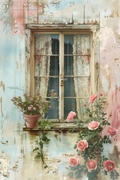 an old window with pink roses in the pot and curtains on the wall behind it