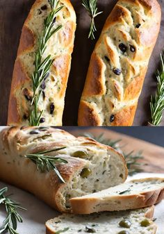 bread with olives and rosemary sprigs on top, next to sliced loaf of bread