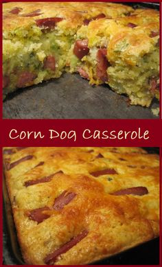 corn dog casserole with bacon and broccoli in it is cut into pieces