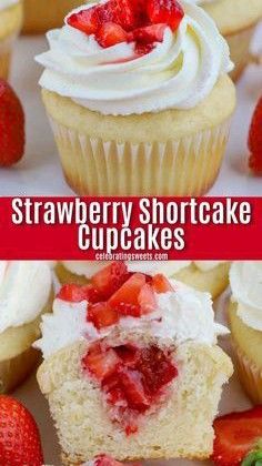 strawberry shortcake cupcakes with cream cheese frosting and strawberries on top