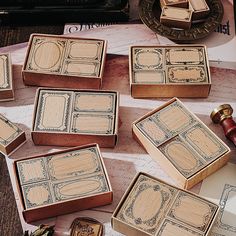 several wooden boxes sitting on top of a table