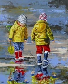 two children are walking in the rain with umbrellas