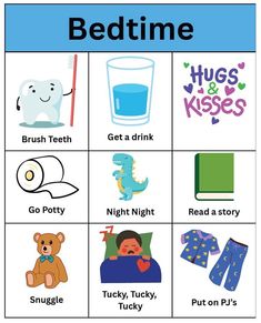 a poster with pictures of bedtime and other things to do in the night time