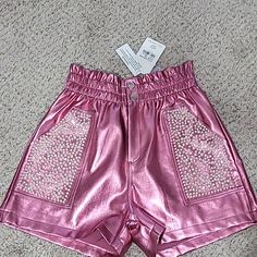 Pink Metallic Faux Leather High-Waist Gems Clamped On Pink Top Leather Shorts, Pink Matalic Shorts, Metallic High-waisted Shorts For Summer, Trendy Faux Leather Bottoms With Built-in Shorts, Fitted Leather High-waisted Shorts, Pink Metallic, Leather Shorts, Pink Ladies, Vegan Leather