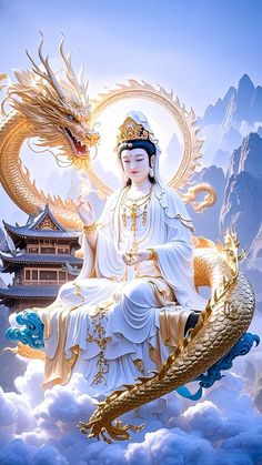 a painting of a buddha sitting on top of a dragon in front of a mountain