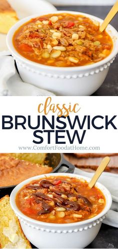 two bowls of soup with bread on the side and text that reads classic brunswick stew