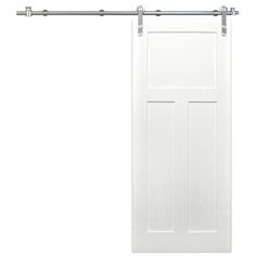 an open white door with two metal bars on the top and bottom, against a white background