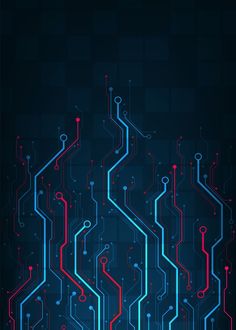 an abstract background with lines and dots in blue, red, and pink colors on a black background