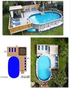 an aerial view of a swimming pool and deck with measurements for the area around it