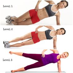 a woman doing an exercise with the words level 1, level 2 and level 3