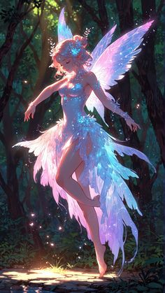 a woman dressed as a fairy standing in the woods with her wings spread wide open