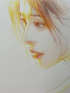 a pencil drawing of a woman's face with long hair and yellow eyeshadow