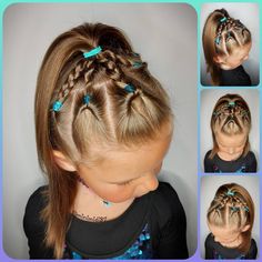 Half Up Half Down Hair Braided Pigtails, Braid Pigtails Half Up Half Down, Girl Pigtail Hairstyles, Toddler Gymnastics Hair, Girls Bubble Braid Pigtails, Girls Hairdos