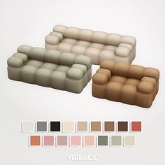 three couches with different colors and sizes are shown in this graphic style, including the same color scheme