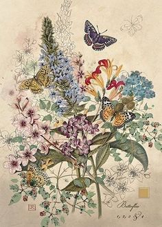 a painting of flowers and butterflies on a white background