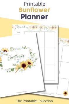 sunflower printable planner cover page with watercolor sunflowers and leaves and two interior pages Diy Happy Planner, Monthly Planner Organization, Printable Meal Planner Monthly, Vintage Scrapbook Ideas, School Planner Organization, Printable Planner 2023, Blank Calendar Printable, Planner Stickers Aesthetic, Monthly Planner 2023