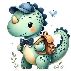 a cartoon dinosaur with a hat and backpack