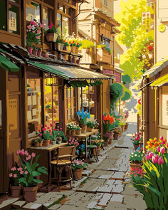 a painting of an outdoor cafe with potted flowers on the tables and outside seating